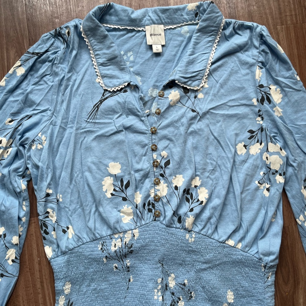 Maeve Blue Embellished Notched Collar Blouse - Picture 2 of 5